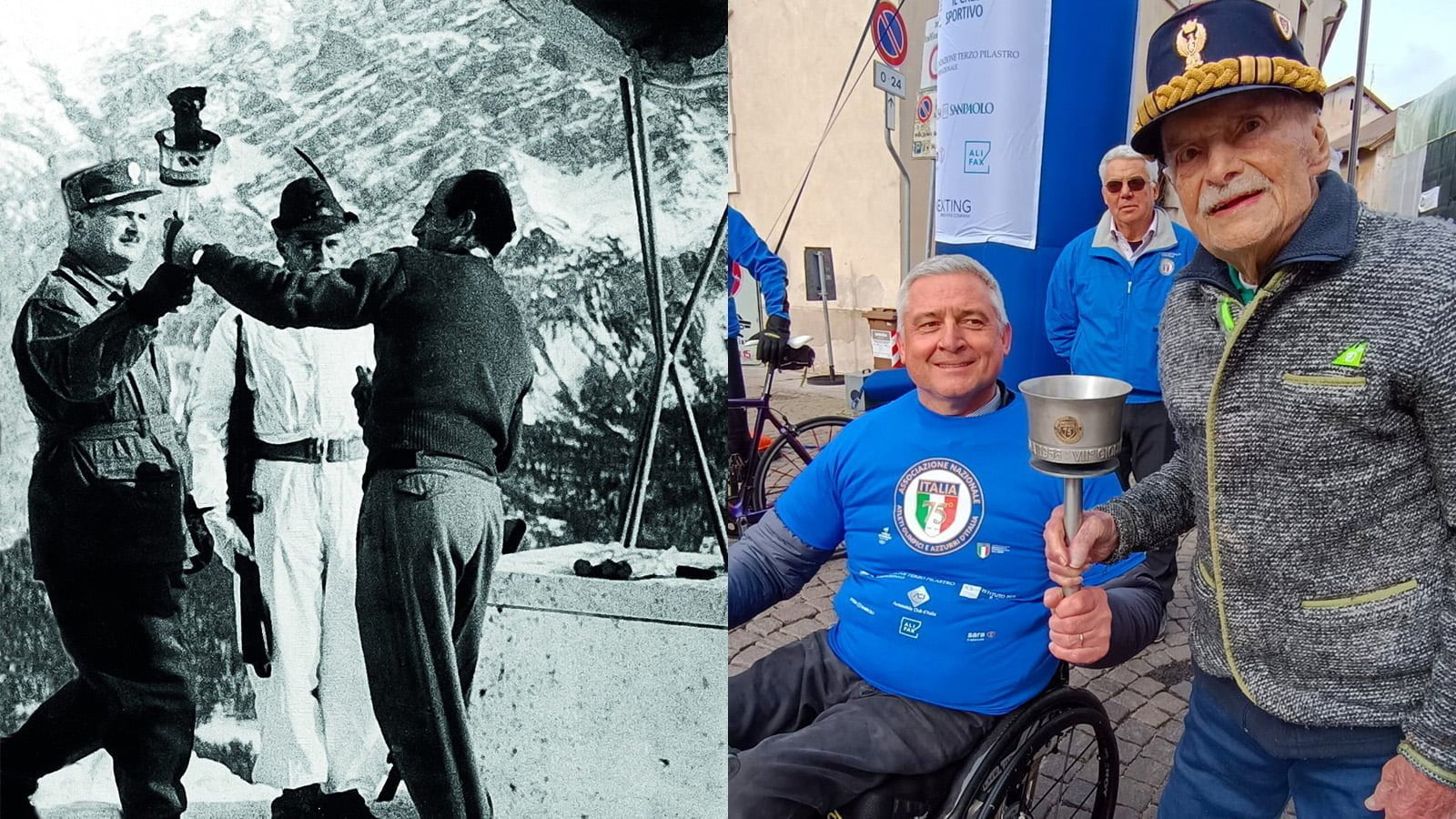 A destra Lorenzo Cappello consegna la fiaccola Olimpica a Zeno colò nel 1956, a sinistra Cappello e De Pellegrin