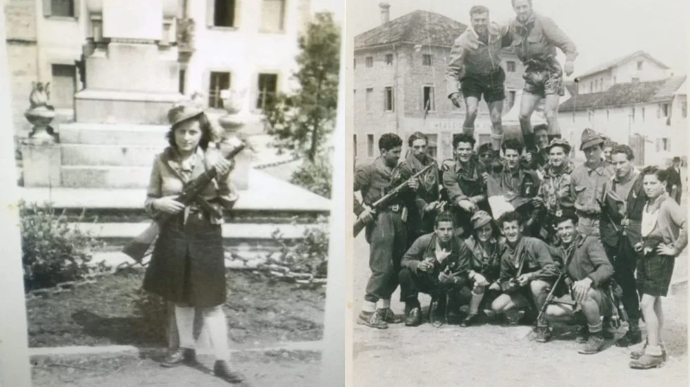 Nella foto a sinistra, Teresa De Luca ai tempi della Resistenza. Nell'immagine a destra, foto di un gruppo di partigiani (Teresa De Luca è la seconda da sinistra, inginocchiata)