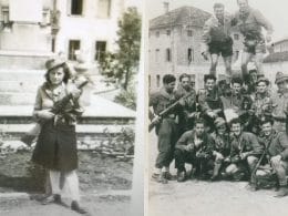 Nella foto a sinistra, Teresa De Luca ai tempi della Resistenza. Nell'immagine a destra, foto di un gruppo di partigiani (Teresa De Luca è la seconda da sinistra, inginocchiata)