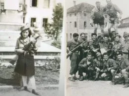 Nella foto a sinistra, Teresa De Luca ai tempi della Resistenza. Nell'immagine a destra, foto di un gruppo di partigiani (Teresa De Luca è la seconda da sinistra, inginocchiata)