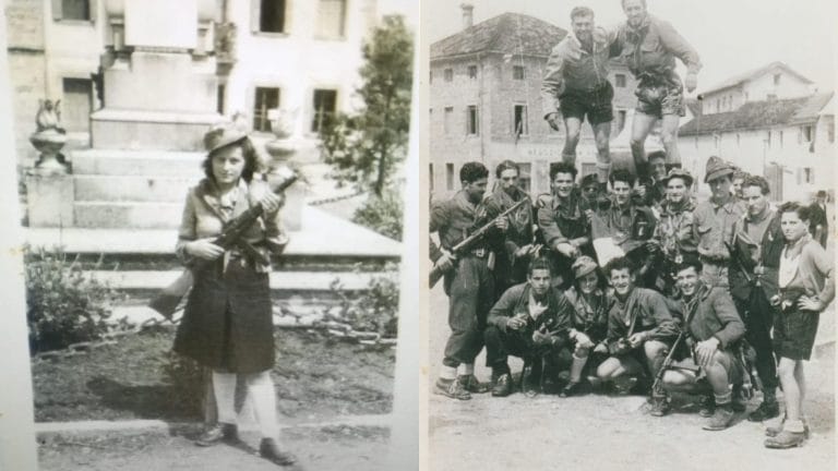 Nella foto a sinistra, Teresa De Luca ai tempi della Resistenza. Nell'immagine a destra, foto di un gruppo di partigiani (Teresa De Luca è la seconda da sinistra, inginocchiata)