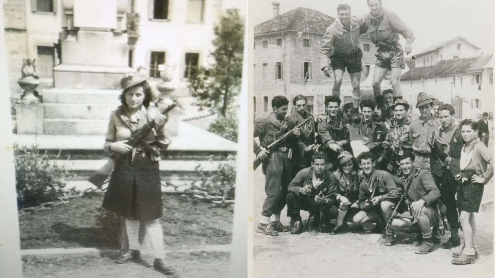Nella foto a sinistra, Teresa De Luca ai tempi della Resistenza. Nell'immagine a destra, foto di un gruppo di partigiani (Teresa De Luca è la seconda da sinistra, inginocchiata)